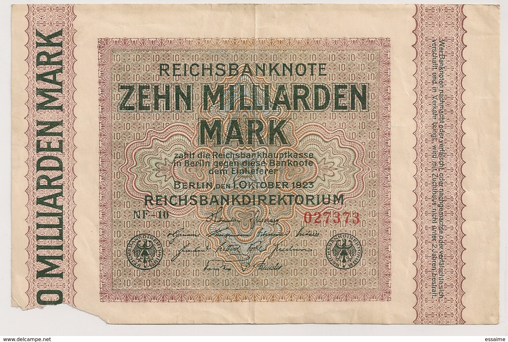 Allemagne. Reichsbanknote 10 Milliards Mark. Octobre 1923 . Petit Manque - 10 Miljard Mark