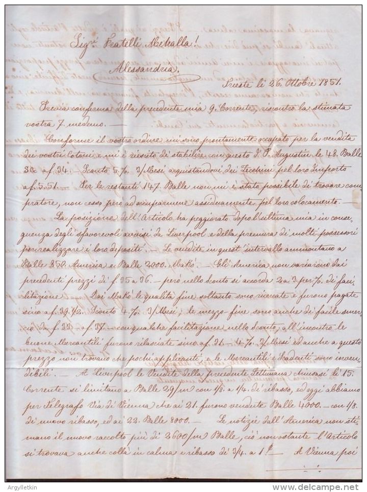 TRIESTE 1851 LETTER TO ALESSANDRIA, ITALY - Other & Unclassified