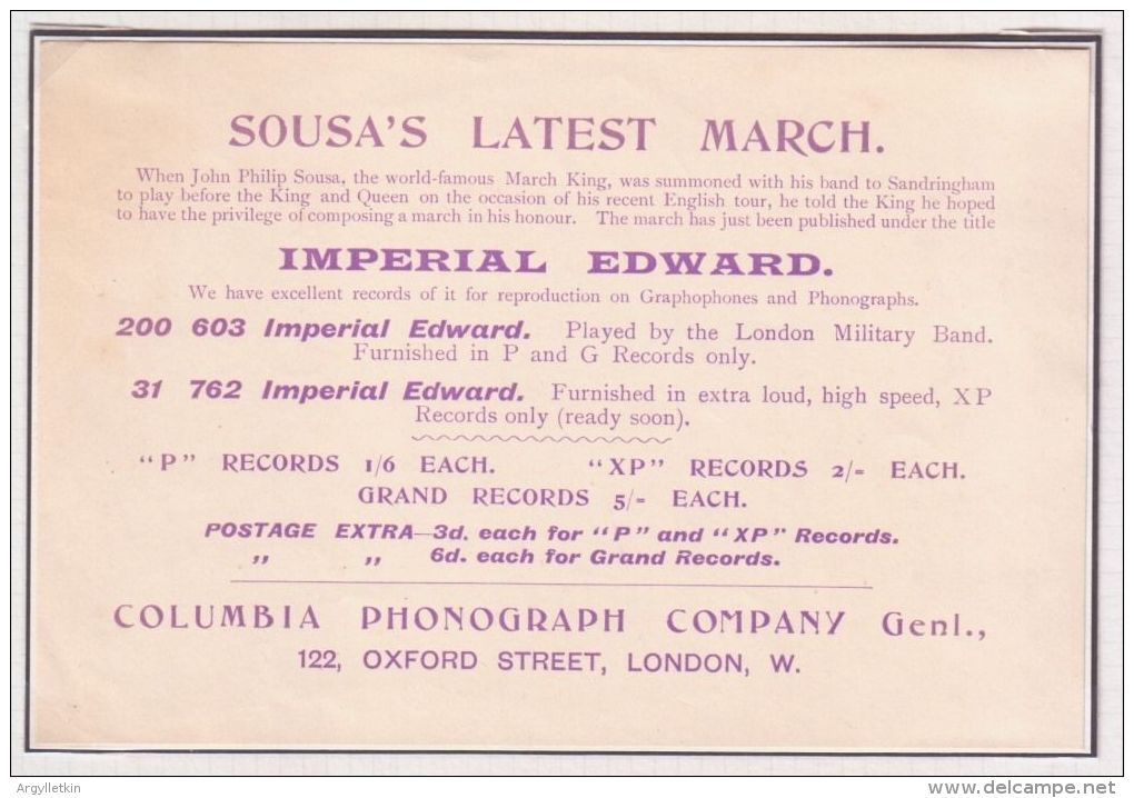 COLUMBIA PHONOGRAPH RECORD AD SOUSA'S IMPERIAL EDWARD MARCH  KING EDWARD VII - Tickets - Entradas