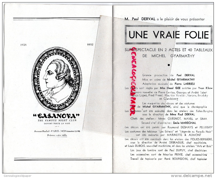 OPERA-OPERETTE- FOLIES BERGERE- PARIS- DERVAL- UNE VRAIE FOLIE -GYARMATHY- A MONTMARTRE CABARET LES NATURISTES- NU-NUDE- - Programmes