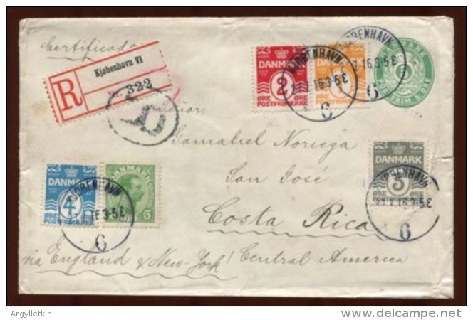 DENMARK POSTAL STATIONERY  REGISTERED TO COSTA RICA 1916 - Covers & Documents