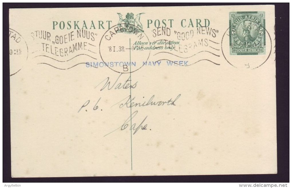 SOUTH AFRICA WIRELESS TELEGRAPH STATION WARSHIP NEPTUNE MARITIME STATIONERY 1938 - Unclassified