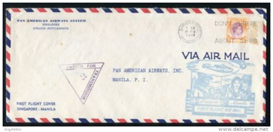 SINGAPORE PHILIPPINES PAN AMERICAN FIRST FLIGHT WORLD WAR TWO CENSOR - Singapore (...-1959)