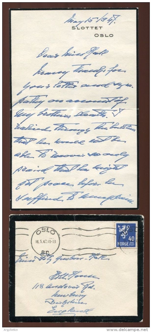 IMPORTANT KING HAAKON VII OF NORWAY  LETTER 1947 WWII SLOTTET - Other & Unclassified
