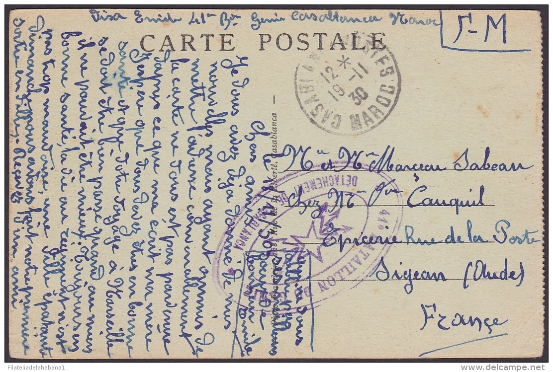 F-EX.2041 MAROC FRANCE 1930 MILITAR FREE POSTCARD CASABLANCA TELEGRAPH. - Military Postmarks From 1900 (out Of Wars Periods)