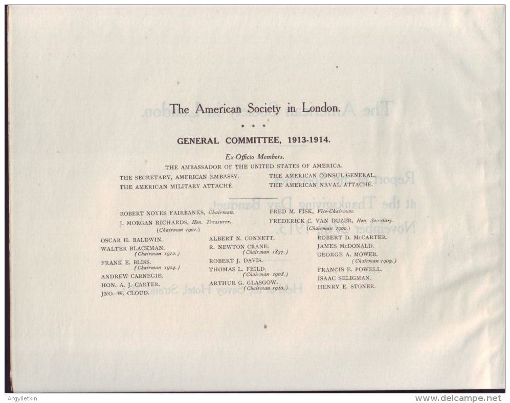 AMERICAN SOCIETY LONDON REPORT OF SPEECHES THANKSGIVING DAY BANQUET 1913 - Historical Documents