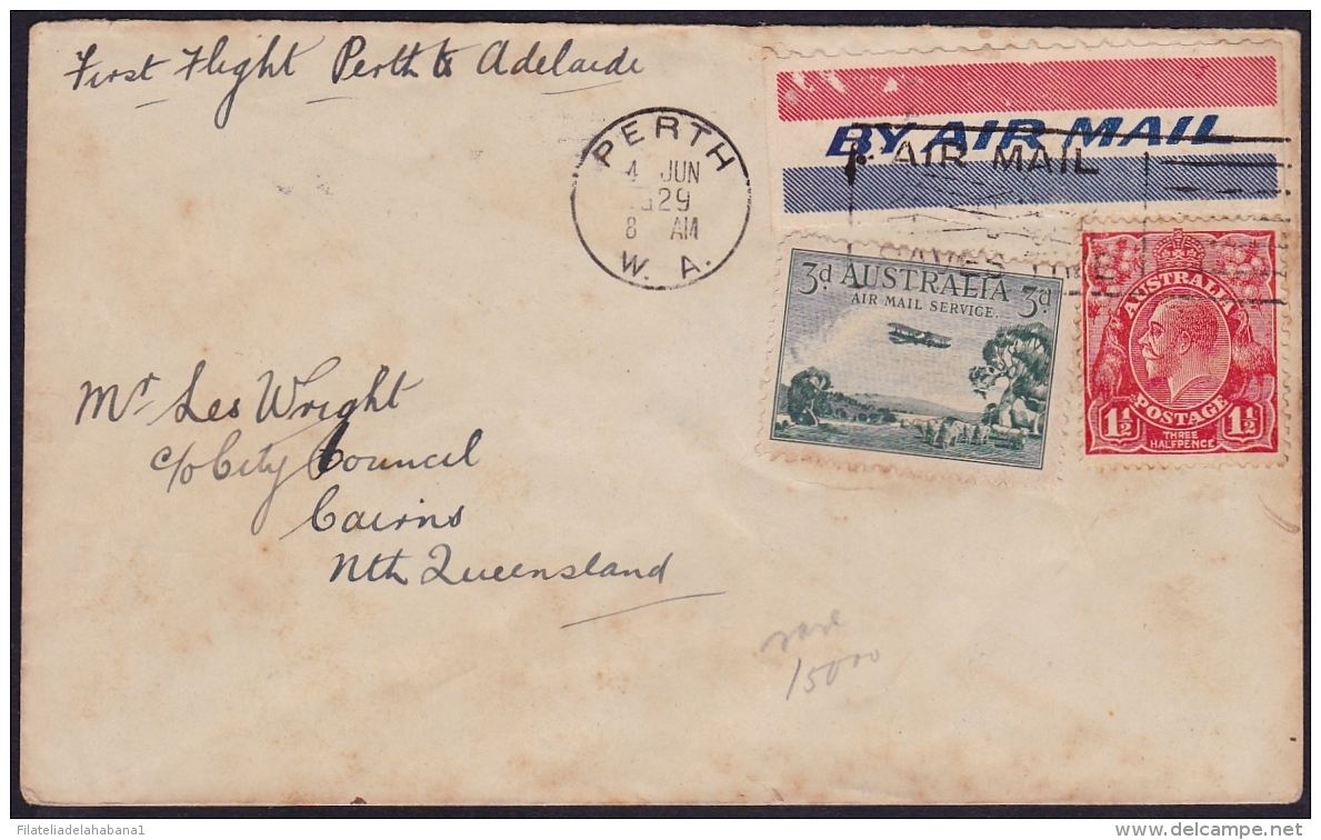F-EX.2066 AUSTRALIA AIR MAIL FIRT FLIGHT PERTH TO ADELAIDE. 1929. - First Flight Covers