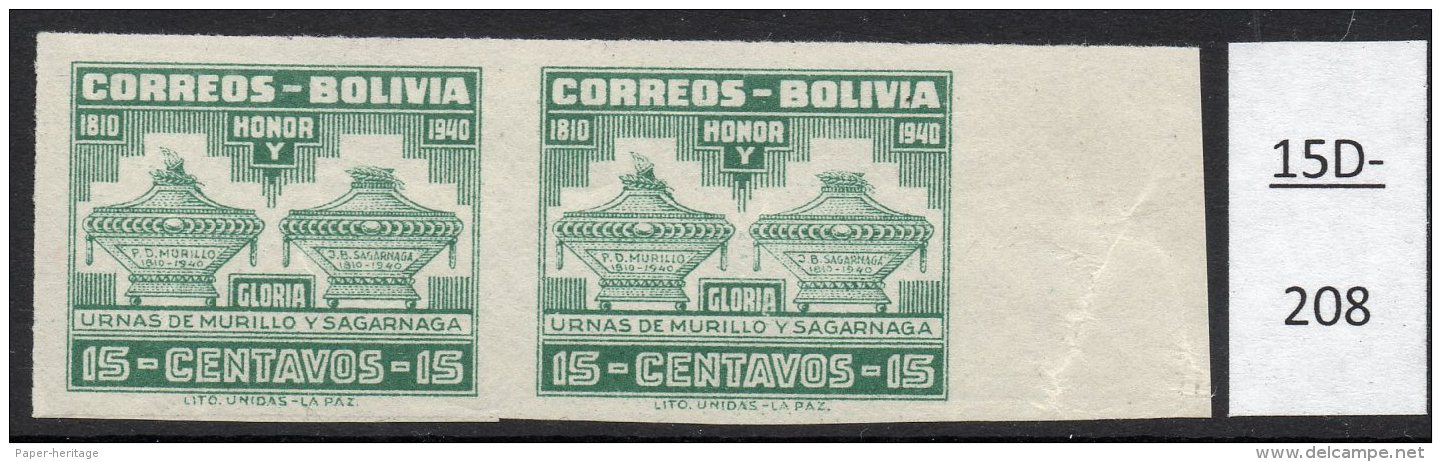 Bolivia 1941 Murillo 15 Cts : Variety : Imperf Pair MNH (SG 377a) - Bolivien