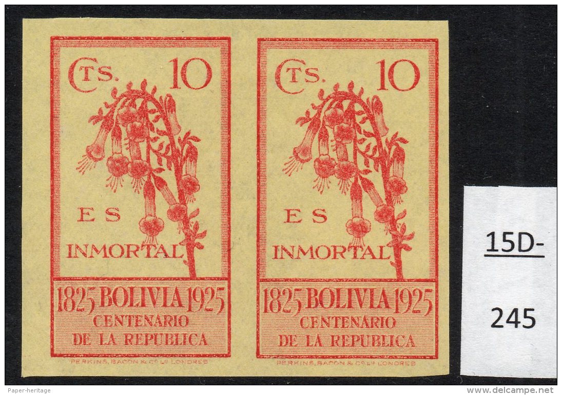 Bolivia 1925 Independence 10c Kantuta Flower IMPERF PAIR, MH. (SG 185 Variety) - Bolivia