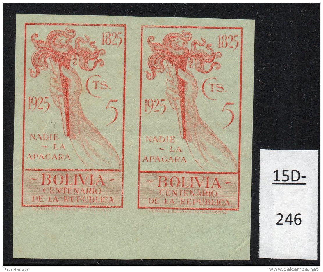 Bolivia 1925 Independence 5c Torch Of Freedom IMPERF PAIR, MH. (SG 184 Variety) - Bolivia