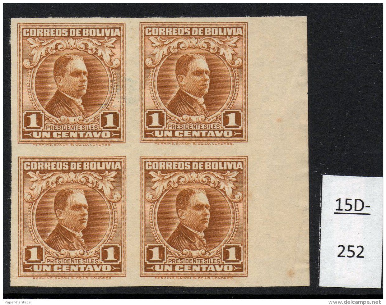 Bolivia 1937 1c President Siles In A Mint No Gum Block/4 IMPERF  (SG 252 Variety) - Bolivien