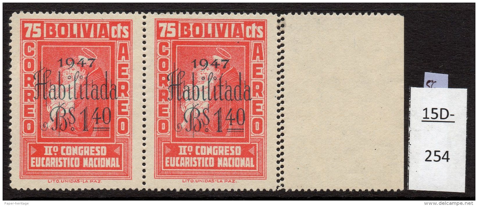 Bolivia  1947 Habilitada BS1.40/75c St. Anthony Of Padua With Double Perf Variety / Error (SG 455 Var) MNH - Bolivien