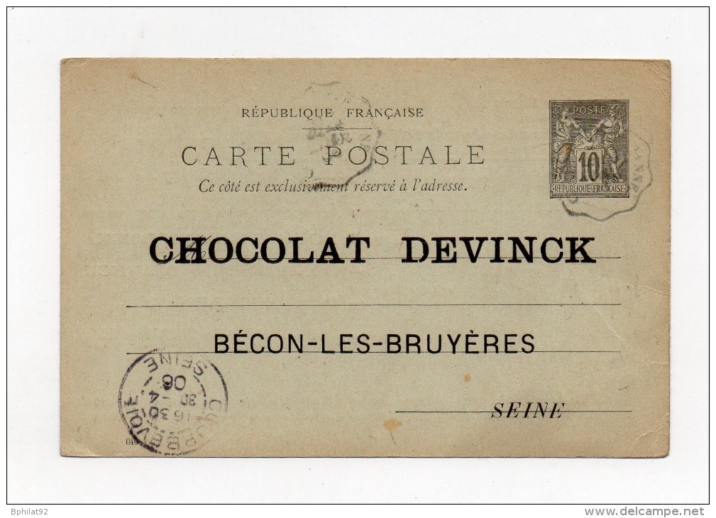 !!! ENTIER POSTAL 10C SAGE AVEC REPIQUAGE CHOCOLAT  DEVINCK - Overprinter Postcards (before 1995)