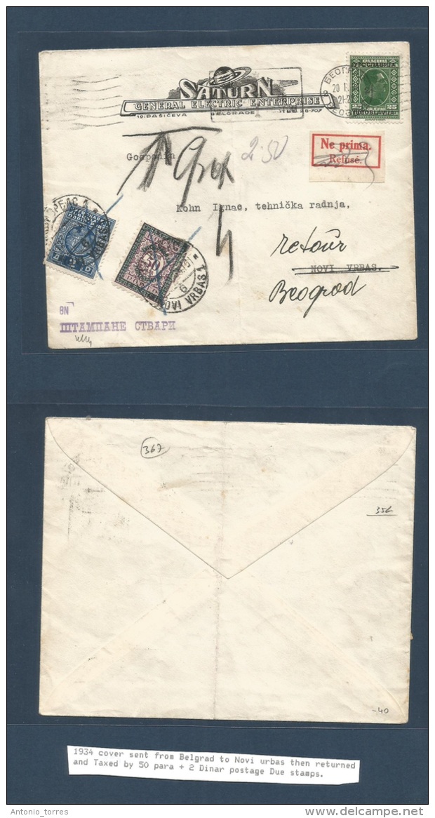 Yugoslavia. 1934 (20 Jan) Belgrade - Nov. Vrbas. Fkd + Insuf + Postage Dues Tied + Retour Usage Comercial Envelope + R-l - Otros & Sin Clasificación