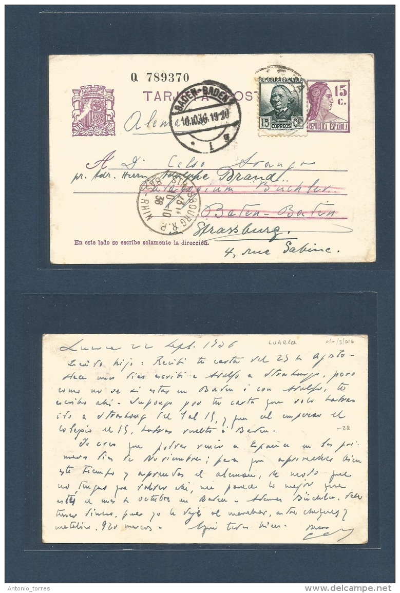 E-Provincias. 1936 (22 Sept) Luarca, Oviedo - Alemania (10 Oct). Reenviada A Estrasburgo, Francia. EP 15c Republica + 15 - Other & Unclassified