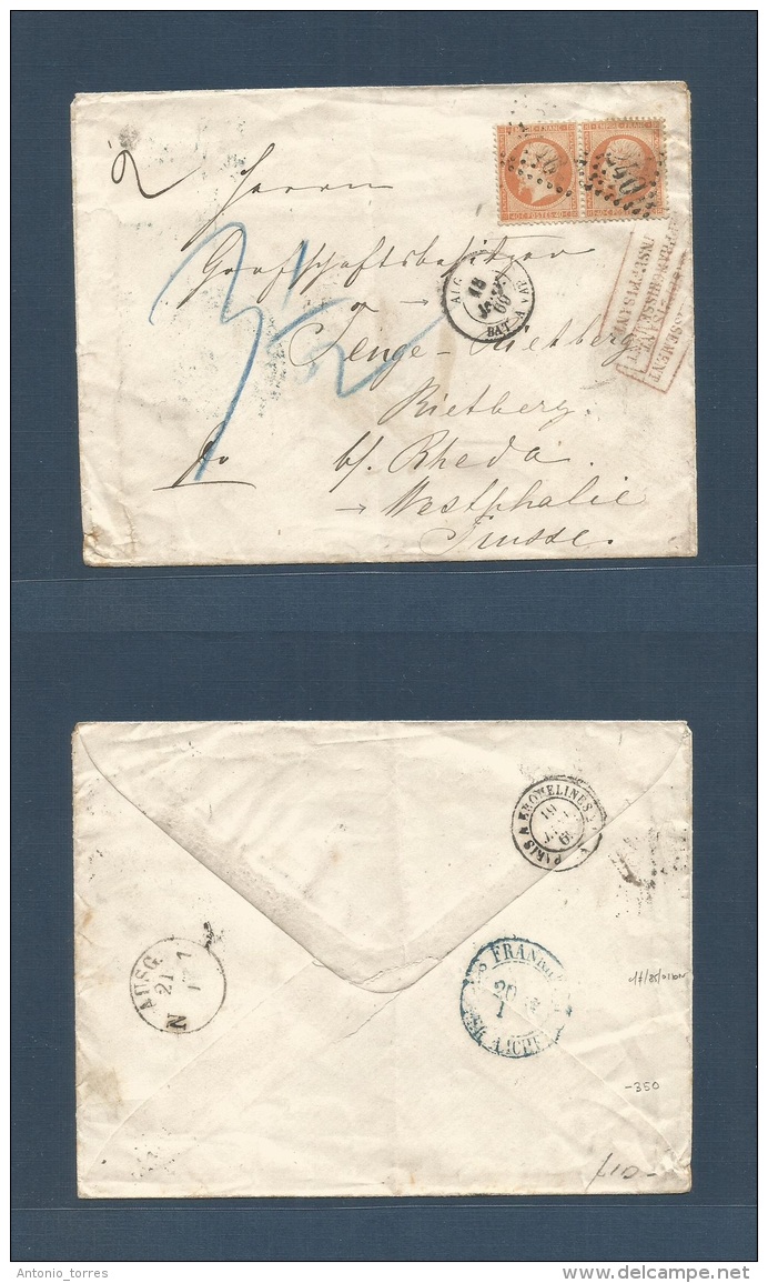 Algeria. 1869 (18 Jan) Algeria - Westphalie, Dietberg (20-21 Jan) Via Paris (19 Jan) Fkd Env 40c France Pair, Tied "2240 - Algerije (1962-...)