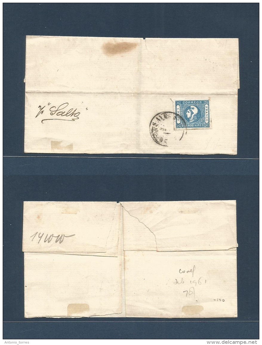 Argentina. C. 1859 Buenos Aires Cabecita Issue. Part Cover Endorsed P. "Salto" Mt 1 Peso Blue Rough Print. Tied Cds. Goo - Altri & Non Classificati