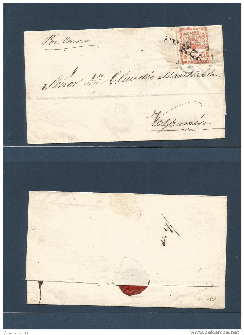 Argentina. 1859 (15 Feb) Mendoza - Valparaiso, Chile. E Fkd Confederacion 5c Tied FRANCA Cds + Endorsed 2 "por Coreo". F - Other & Unclassified