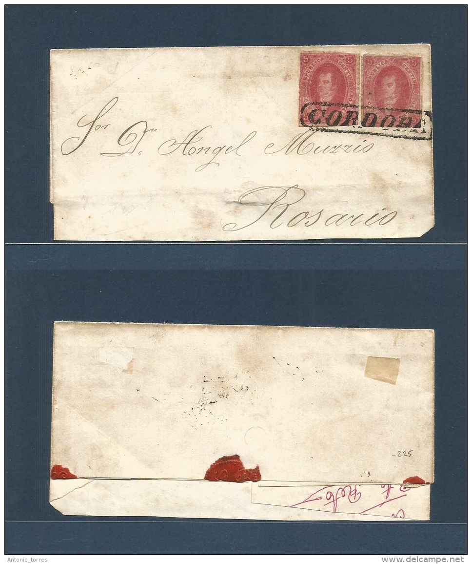 Argentina. C. 1864. Córdoba - Rosario. E Fkd Rivadavia 5c Perf (x2) Intense Rose Shade, Tied Boxed Name Town (xxx - Autres & Non Classés