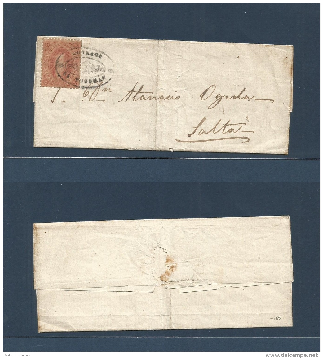 Argentina. C. 1865. Tucuman - Salta. E Fkd 5c Rose Red Perf Rivadovia, Tied Oval Cachet. VF.. Cover, Envelope, Carta. - Autres & Non Classés