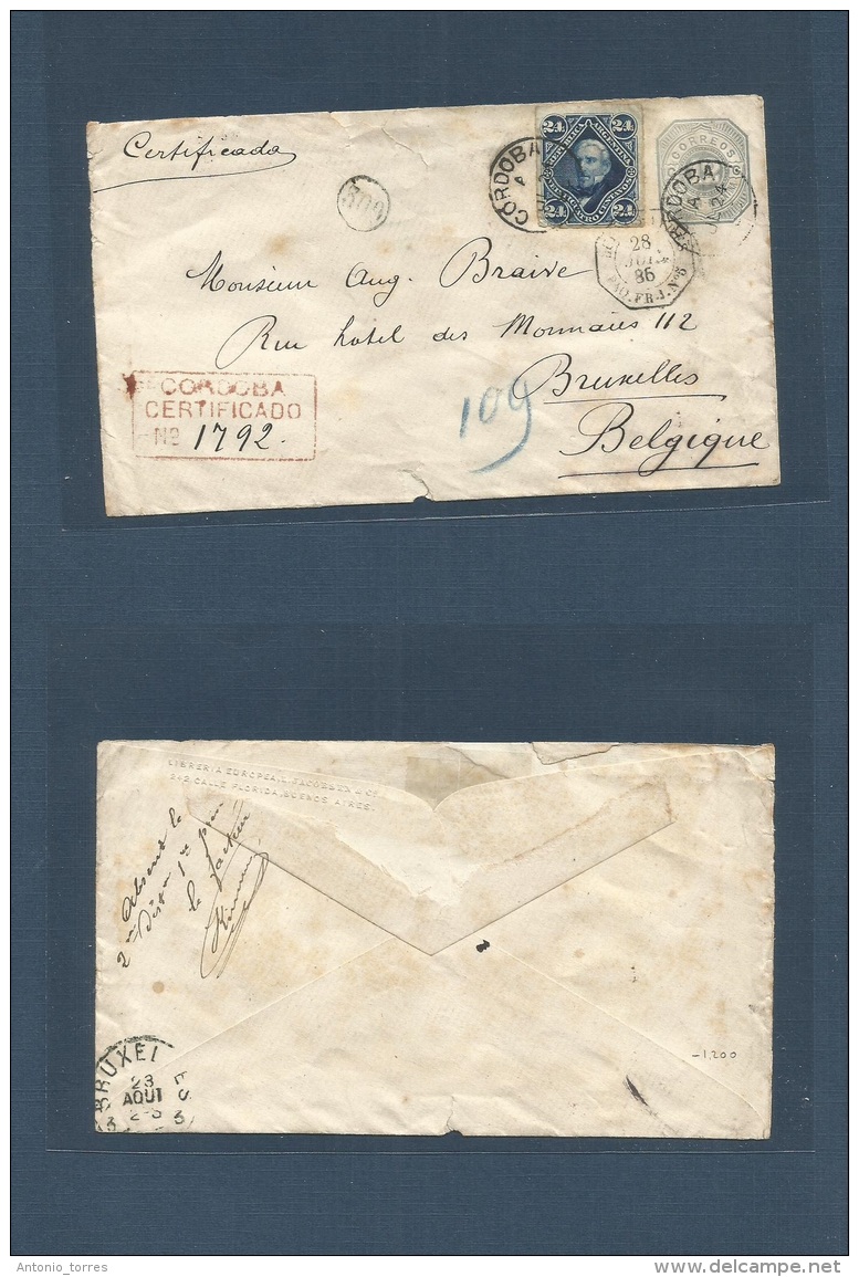 Argentina - Stationery. 1885 (24 July) Cordoba - Belgium, Bruxelles (23 Apr). Registered 12c Grey Stationary Envelope + - Autres & Non Classés