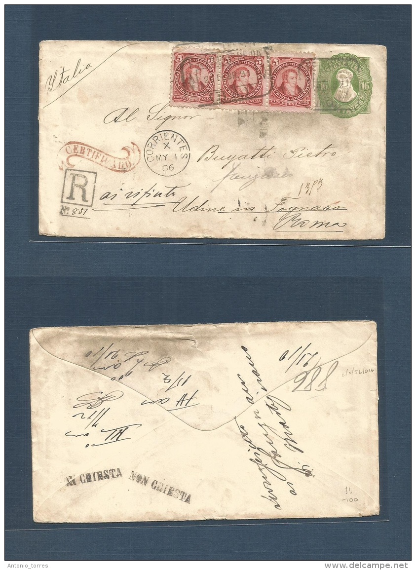 Argentina. 1886 (May) Corrientes - Italy, Rome. Registered 16c Green Stat Env + 3 Adtls (franking Removed Or Modified An - Altri & Non Classificati