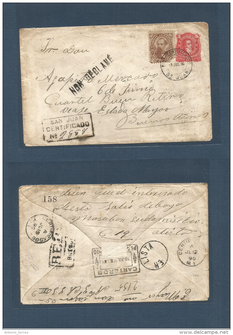 Argentina - Stationery. 1890 (15 July) San Juan - Bs As. Local Registered 5c Intense Vermilion Stat Env + 10c Brown Cds - Otros & Sin Clasificación