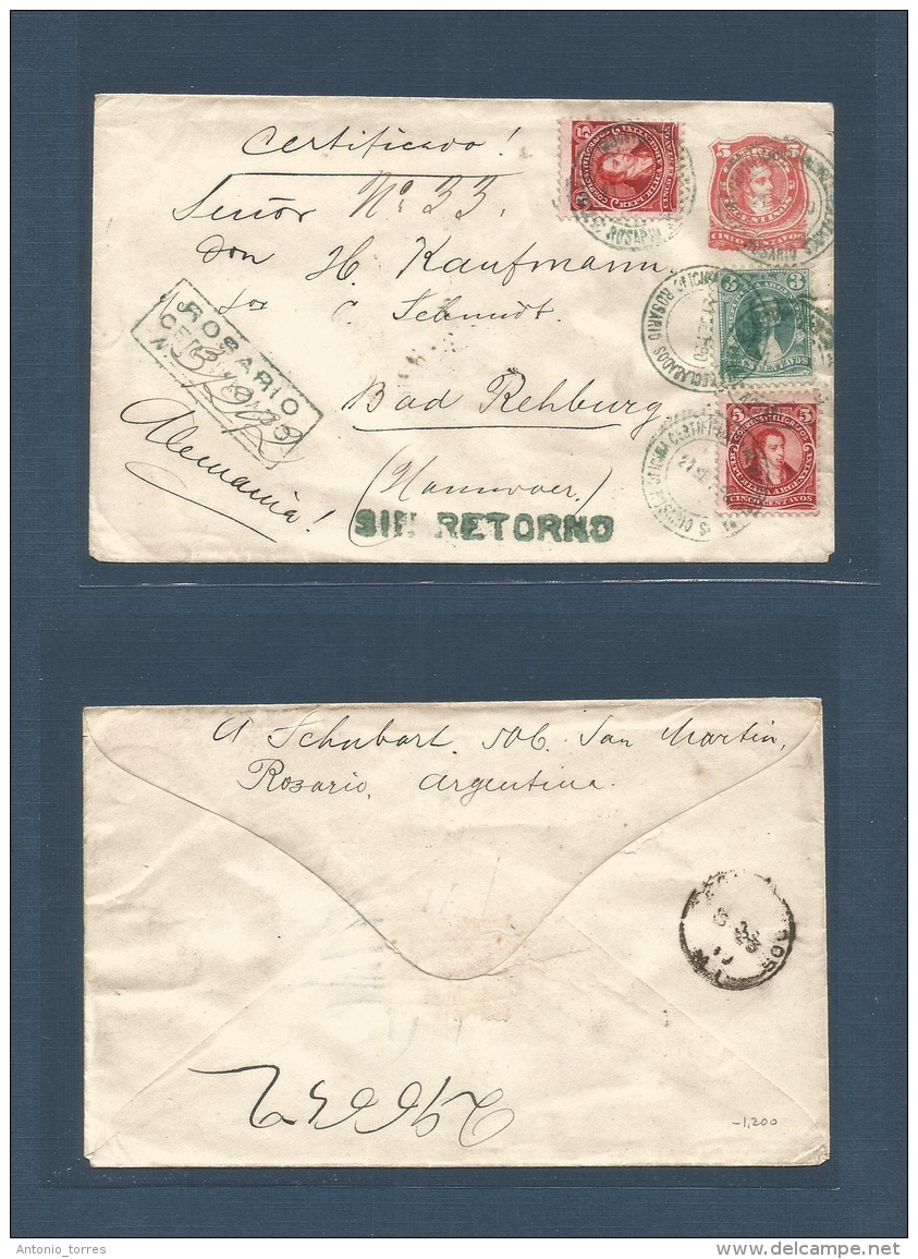 Argentina - Stationery. 1890 (21 Sept) Rosario - Germany, Bad Rehburg. 5c Red Stationary Envelope + 3 Adtls. Tied Blue G - Autres & Non Classés