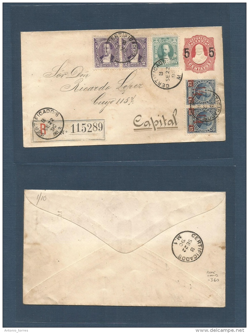 Argentina - Stationery. 1890 (22 Sept) Bs As (M. M) Local Registered 5c /8c Red Stationary Envelope + 5 Adtls, Tied Cds - Autres & Non Classés