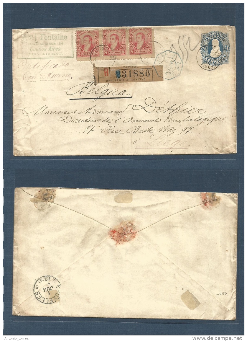 Argentina. 1891 (6 June) Bs As - Belgium, Liege (1 July) Registered 24c Blue Stationary Envelope + 8c Red Adtl Stamp Of - Otros & Sin Clasificación