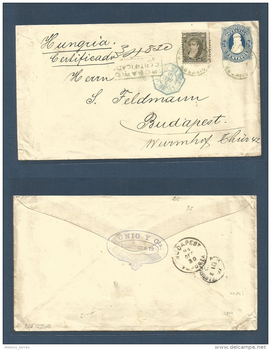 Argentina. 1891 (30 Sept) Rosario - Hungary, Budapest (31 Oct) Via Buenos Aires. Registered 24c Blue Stat Env + 4c Brown - Other & Unclassified