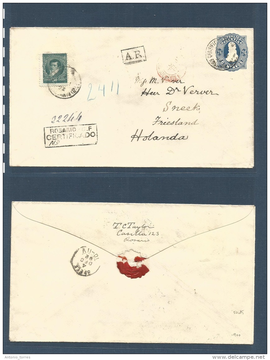 Argentina. 1892 (Nov) Rosario - Netherlands, Sneek, Triesland (4 Dec) Registered AR 24 Cts Blue Stationary Envelope + 50 - Autres & Non Classés