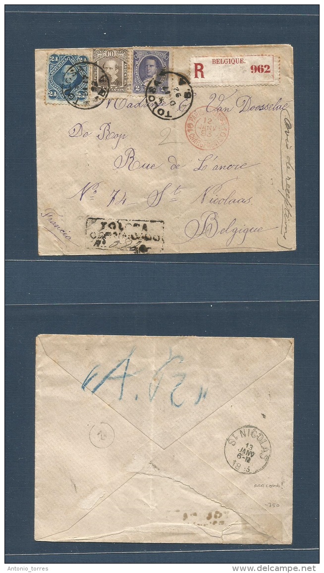 Argentina. 1892 (17 Dic) Tolosa - Belgium, St. Nicolas. (13 Jan 93) Registered Tricolor Multifkd Env At 36c Rate On Issu - Other & Unclassified