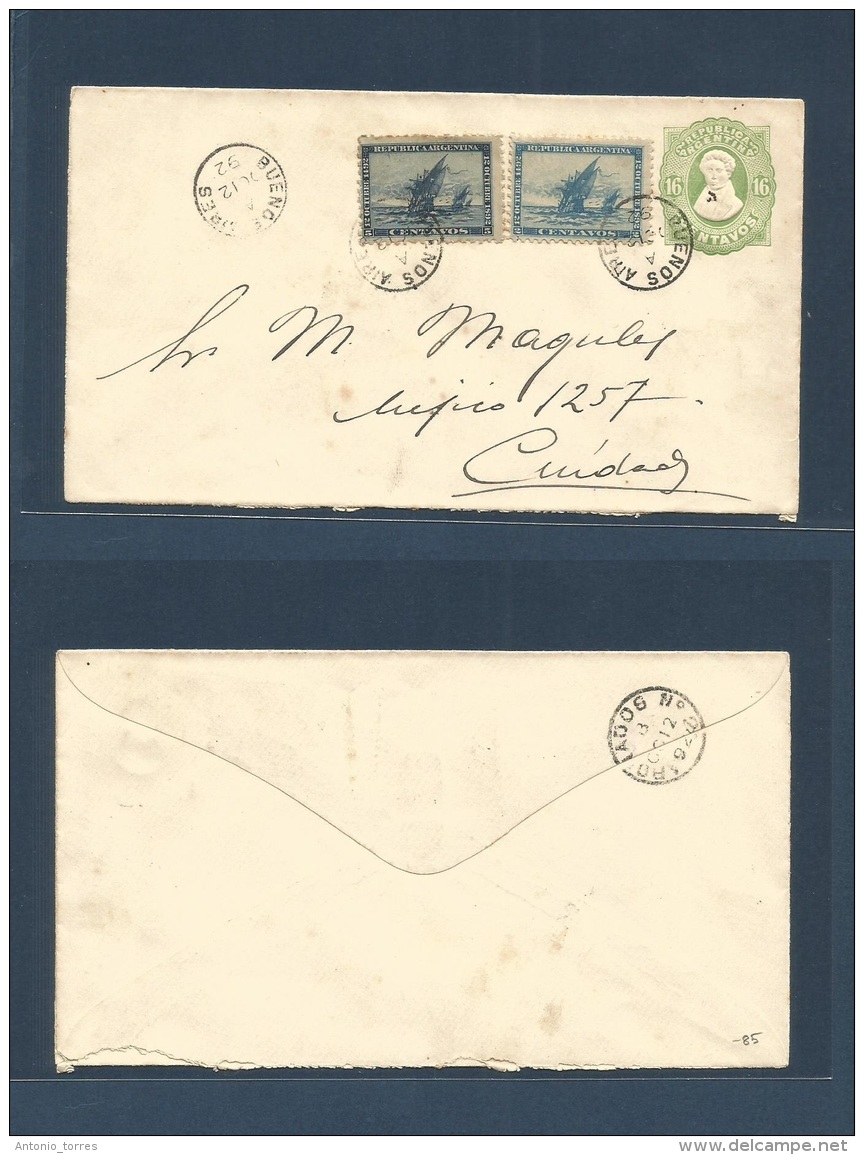 Argentina - Stationery. 1892 (12 Oc) Buenos Aires Local Usage 16c Green Embossed Stat Envelope With Complete Color Issue - Other & Unclassified