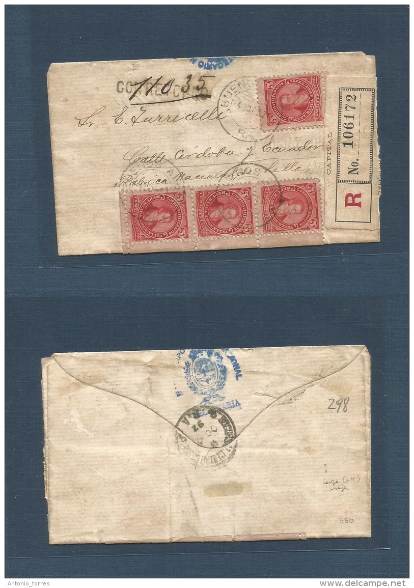 Argentina. 1892 (4 Oct) Bs As Local Registered Multifkd Envelope 5c (x4 Including Vertical Stamp Of Three) Tied Cds + R- - Otros & Sin Clasificación