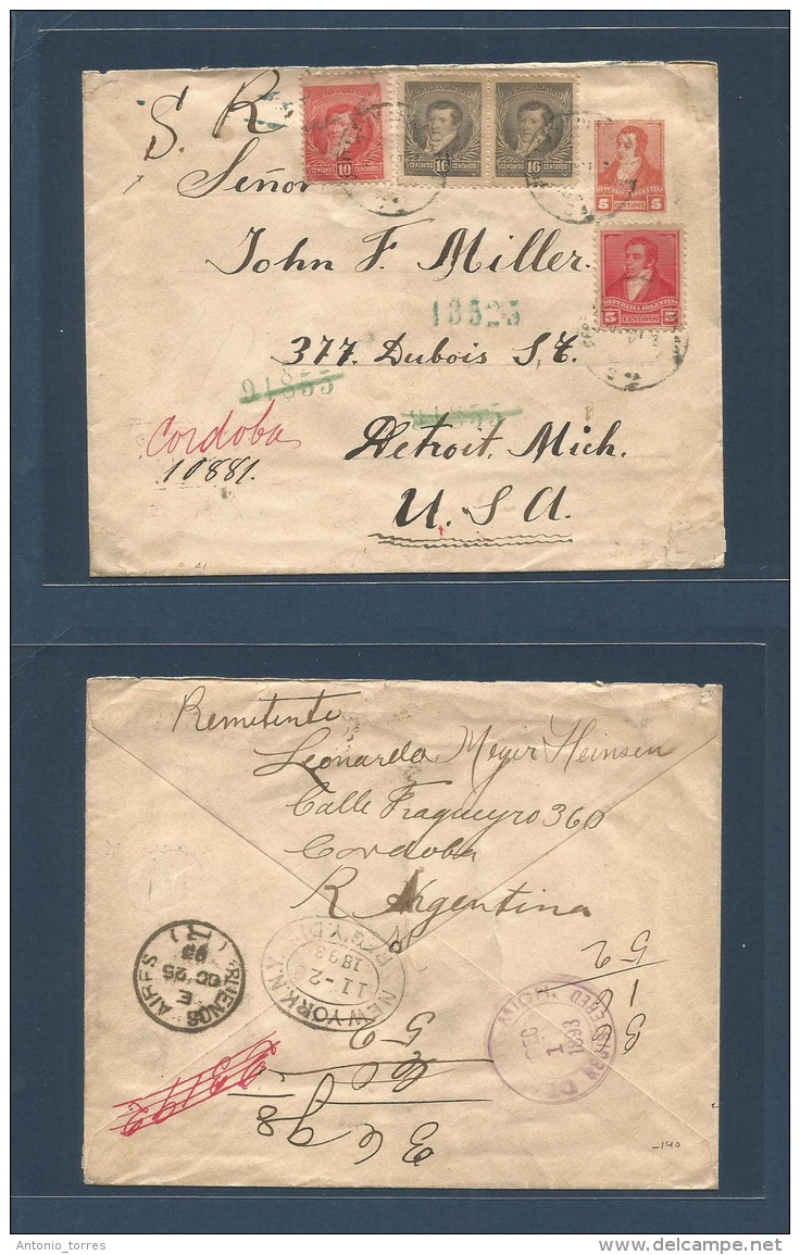 Argentina - Stationery. 1893 (Oct 24) Córdoba - USA, Detroit, Mich. Registered 5c Orange Stat Env + 4 Adtls On Mi - Autres & Non Classés