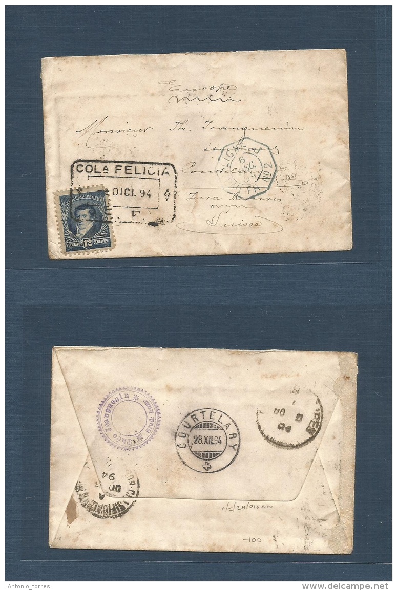 Argentina. 1894 (2 Dec) Colonia Felicia - Santa Fe - Switzerland, Courtelary (28 Dec) Fkd Env 12c Tied Box Ds. Most Remo - Autres & Non Classés