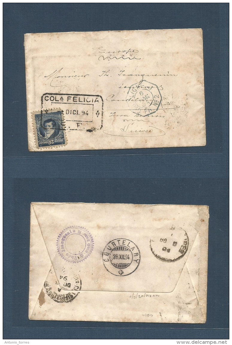 Argentina. 1894 (2 Dec) Colonia Felicia - Santa Fe - Switzerland, Courtelary (28 Dec) Fkd Env 12c Tied Box Ds. Most Remo - Other & Unclassified