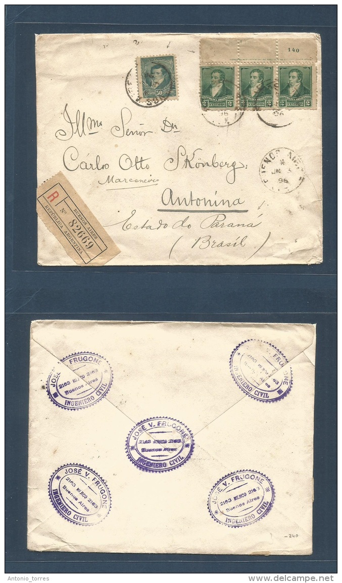 Argentina. 1896 (June 3) Buenos Aires - Brazil, Antonina, Parana. Registered Multifkd Envelope, Mixed Issues Inc 50c Blu - Autres & Non Classés