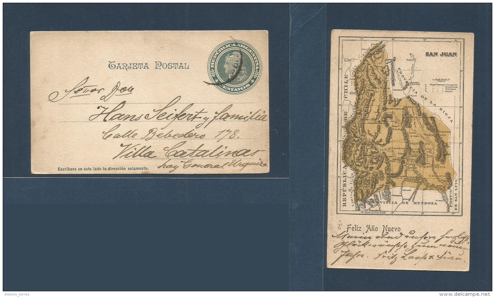 Argentina - Stationery. C. 1900, 4c Stat Card, Reverse San Juan Map Printed, Circulated To Villa Catalina. Fine + Scarce - Other & Unclassified