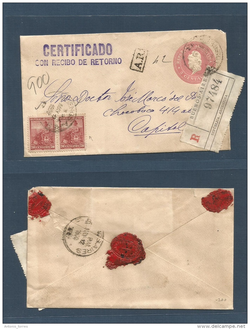 Argentina - Stationery. 1900 (12 May) Bs As Local Registered AR 5c Stat Env + 2 Adtls 20c Lilac Pair, Cds + Tied R-label - Autres & Non Classés