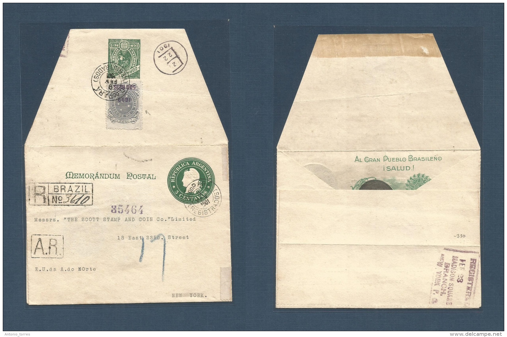 Argentina - Stationery. 1901 (9 Feb) Argentina, Bral, Pará - USA, NYC (23 Feb) Registered AR 5c. Argentine - Braz - Other & Unclassified