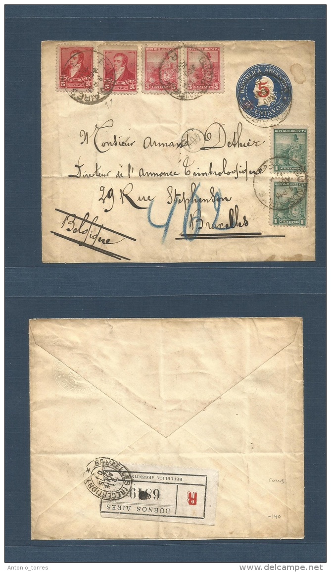 Argentina - Stationery. 1901 (4 Aug) Bs As - Belgium, Bruxelles (31 Aug) Registered 5c /12c Blue Ovptd Stat Env + 6 Adtl - Autres & Non Classés