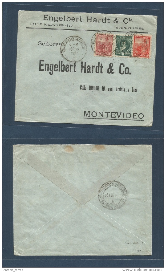 Argentina - Xx. 1902 (20 Aug) Buenos Aires - Uruguay, Montevideo. Multifkd Mixed Issues Envelope Bearing 1 Peso Rate By - Autres & Non Classés