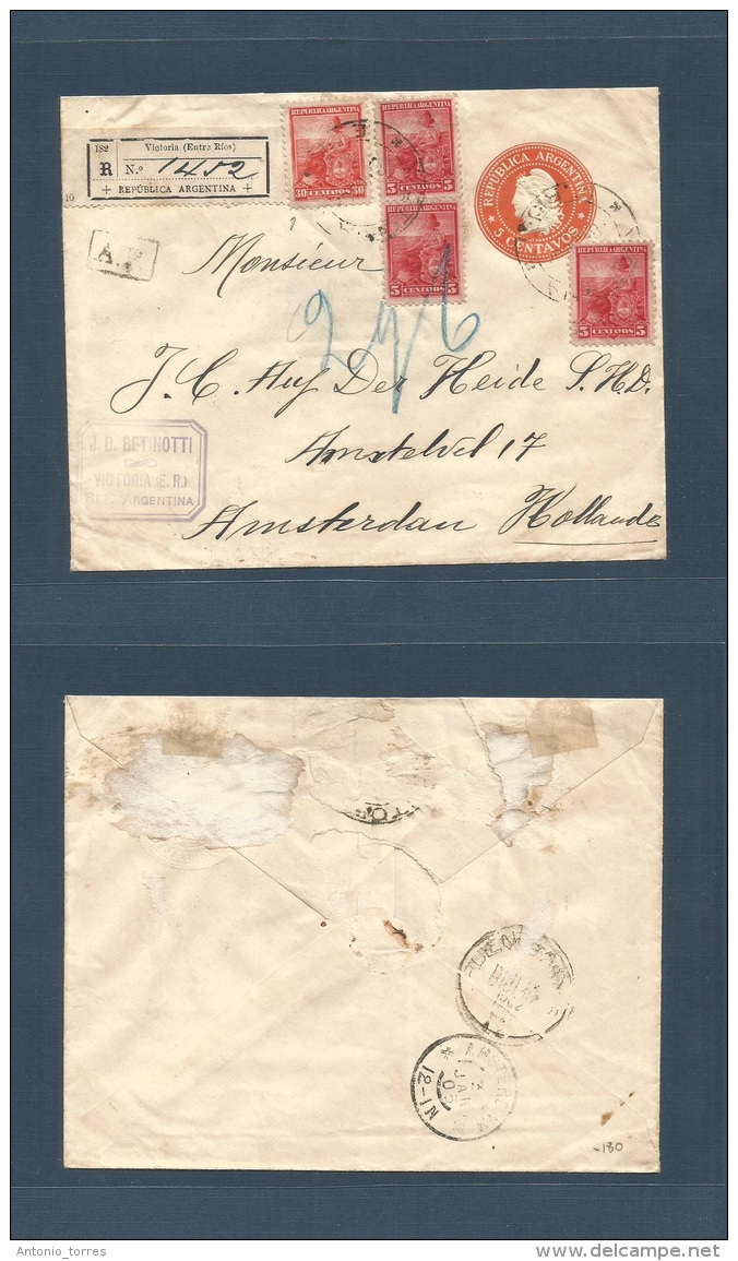 Argentina - Xx. 1902 (8 Dec) Victoria, Entre Rios - Netherlands, Amsterdan (3 Jan 03) Registered AR 5c Vermelion Stat En - Other & Unclassified