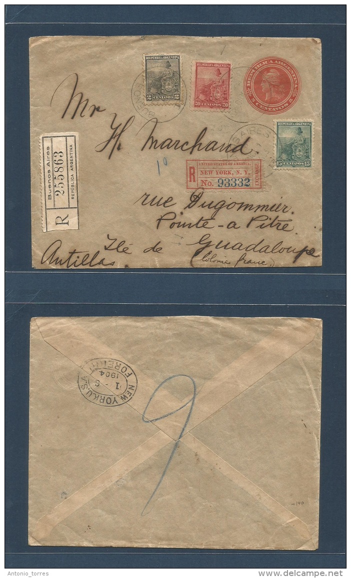 Argentina - Xx. 1903 (Dic 1) Buenos Aires - Guadaloupe, French Antilles. Registered 5c Red Stat Envelope + 3cd 5c Via NY - Autres & Non Classés