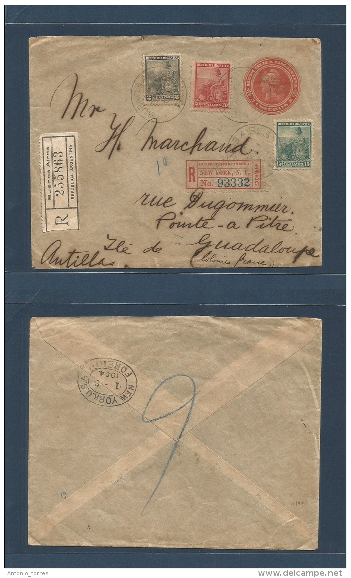 Argentina - Xx. 1903 (Dic 1) Buenos Aires - Guadaloupe, French Antilles. Registered 5c Red Stat Envelope + 3cd 5c Via NY - Altri & Non Classificati