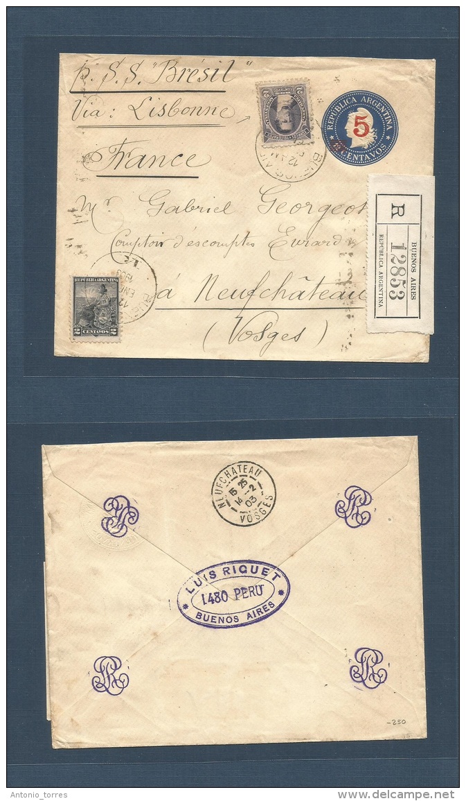 Argentina. 1903 (January) Bs As - France, Vosges, Neufchateu (14 Feb) Registered 5c /12c Blue Stationary Envelope + 2 St - Autres & Non Classés