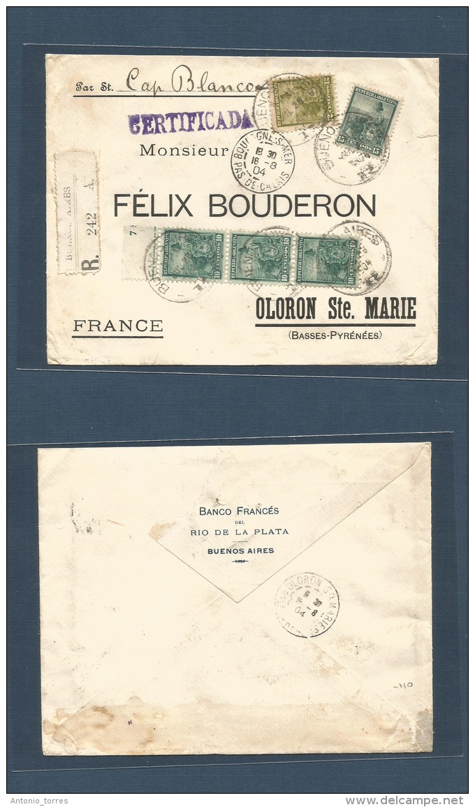 Argentina - Xx. 1904 (July 23) Bs As - France, Oloron St. Marie (10 Aug) Registered Multifkd Envelope Including Better 1 - Other & Unclassified