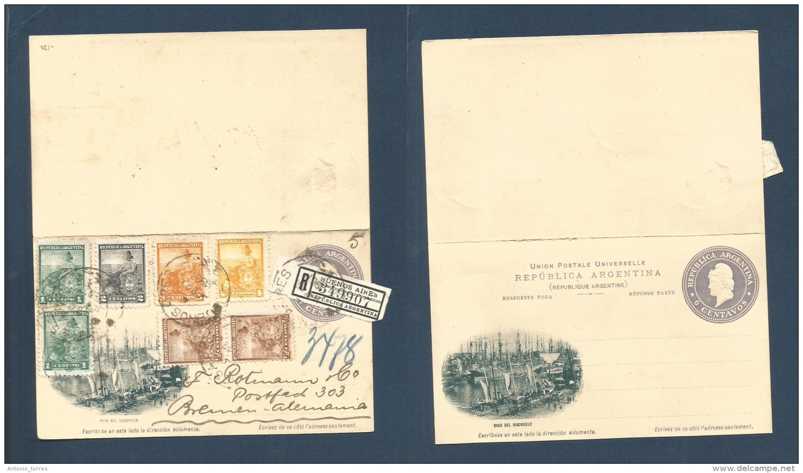 Argentina. 1907 (21 Ago) Buenos Aires - Germany, Bremen. Registered Doble 6c Grey Stationary Card, Ilustrated Boca Riach - Other & Unclassified